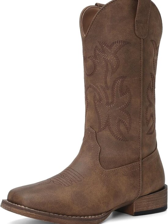 Shoes - Stylish Women's Wide Square Toe Cowboy Boots - Mid Calf, Embroidered Retro